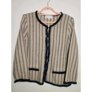 St John jacket knit Beige Navy Blue Trim white multi suit blazer size 12 US MADE